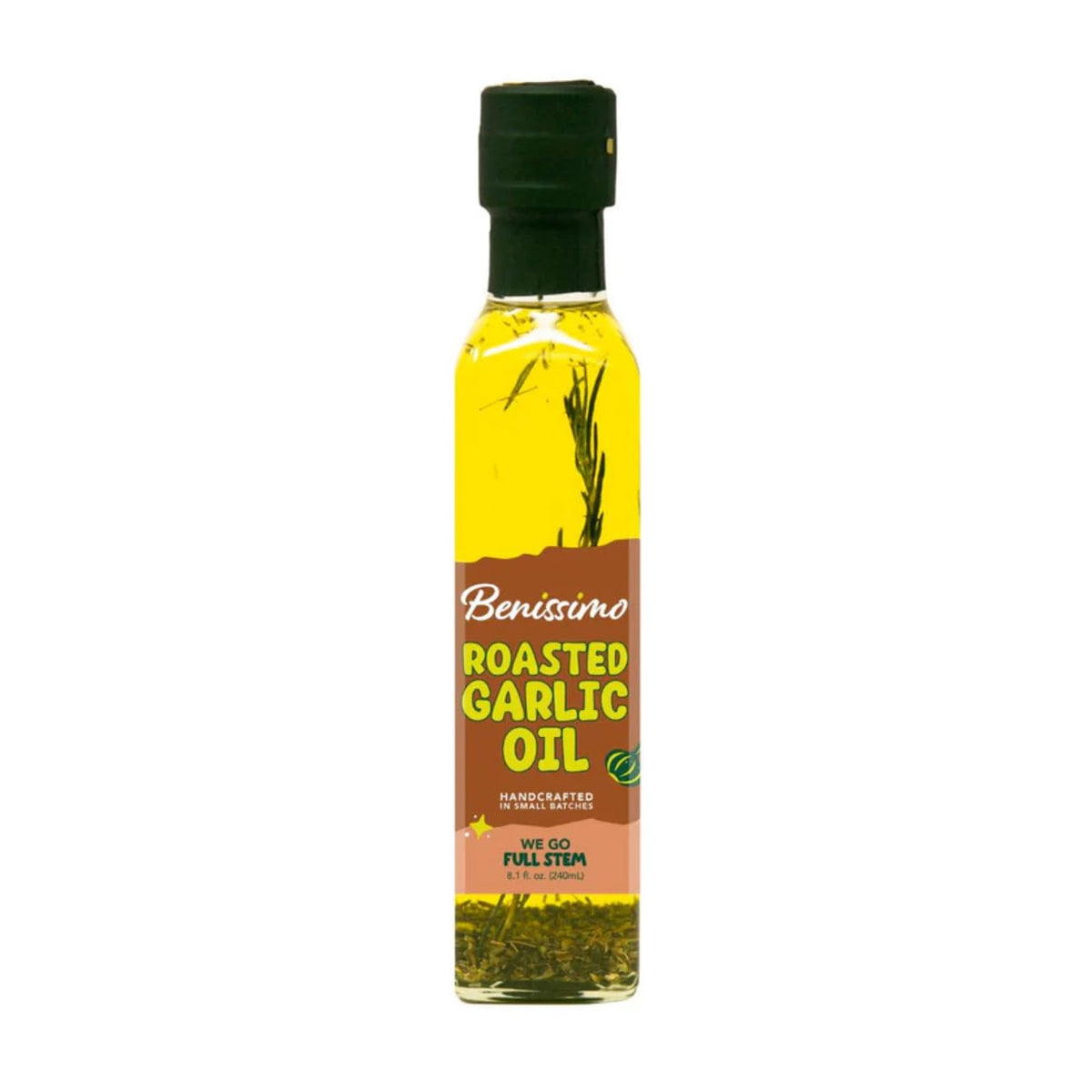 Benissimo roasted garlic herb infused oil bottle pour for bold sautéing flavor.