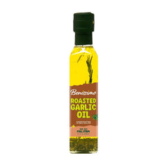 Benissimo roasted garlic herb infused oil bottle pour for bold sautéing flavor.