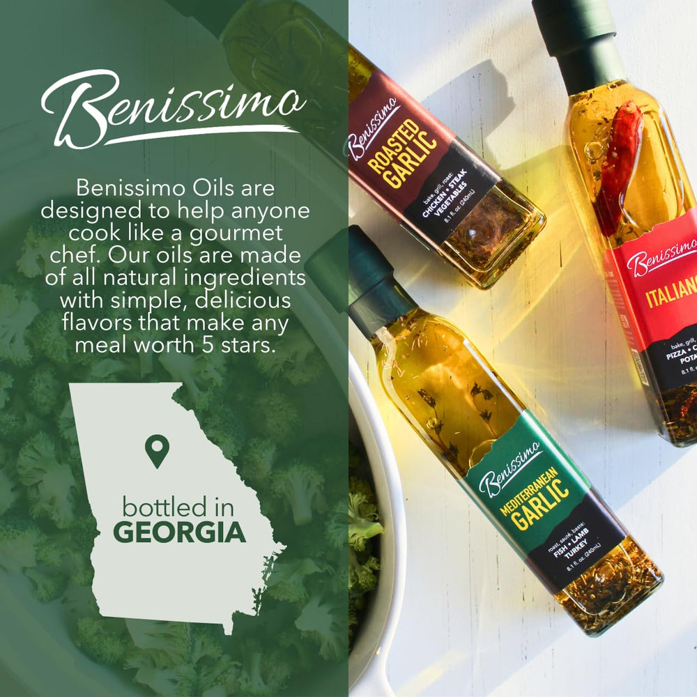 Benissimo gourmet oil on grill-ready meat for enhanced garlic aroma.