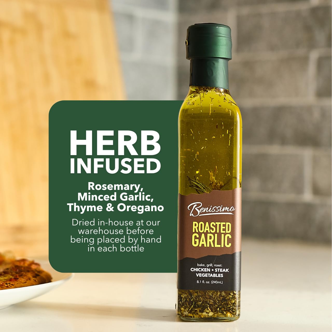 Benissimo infused oil used as meat marinade for juicy, flavorful results.