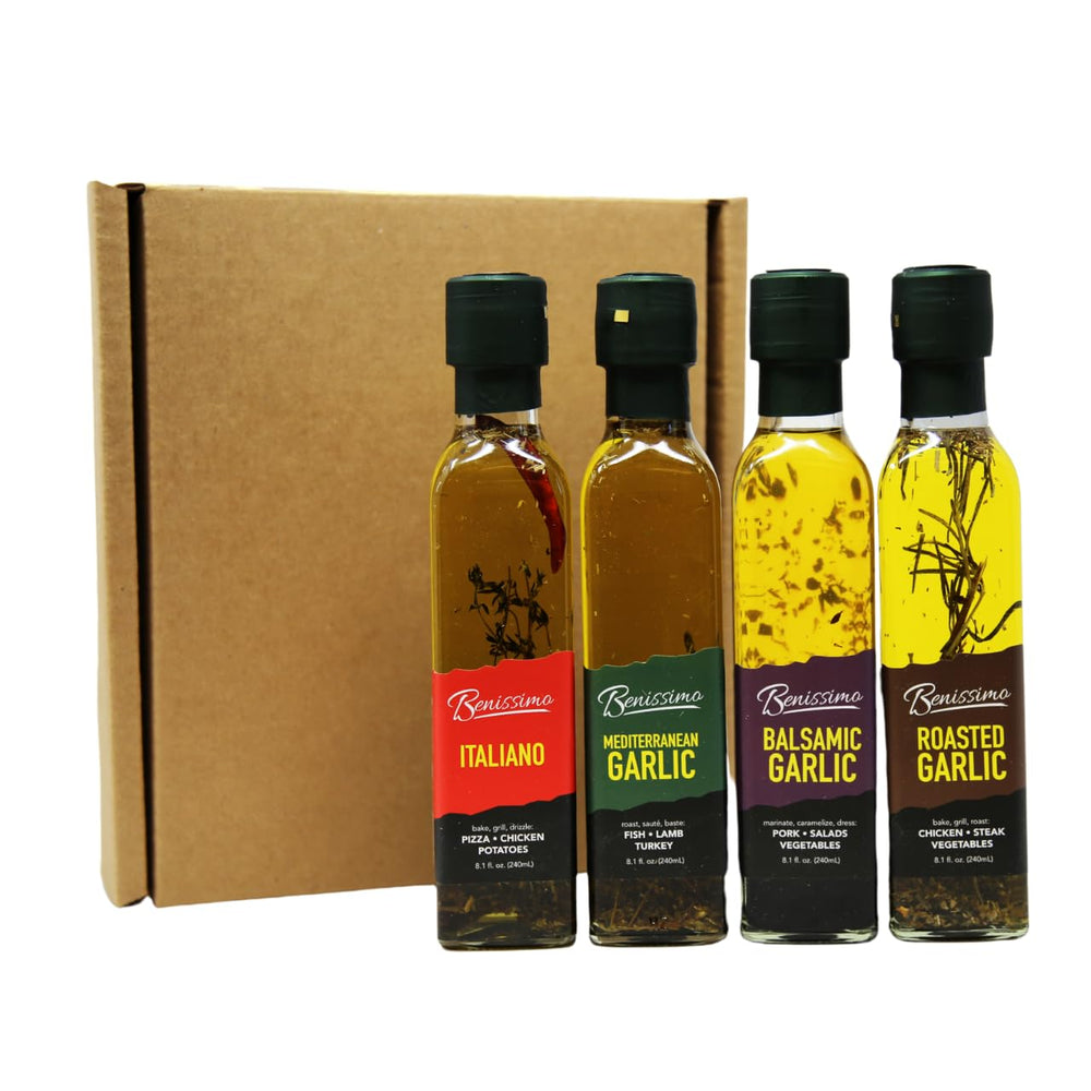 Benissimo Roasted Garlic Oil bottle; rich garlic aroma for sautéing and finishing.