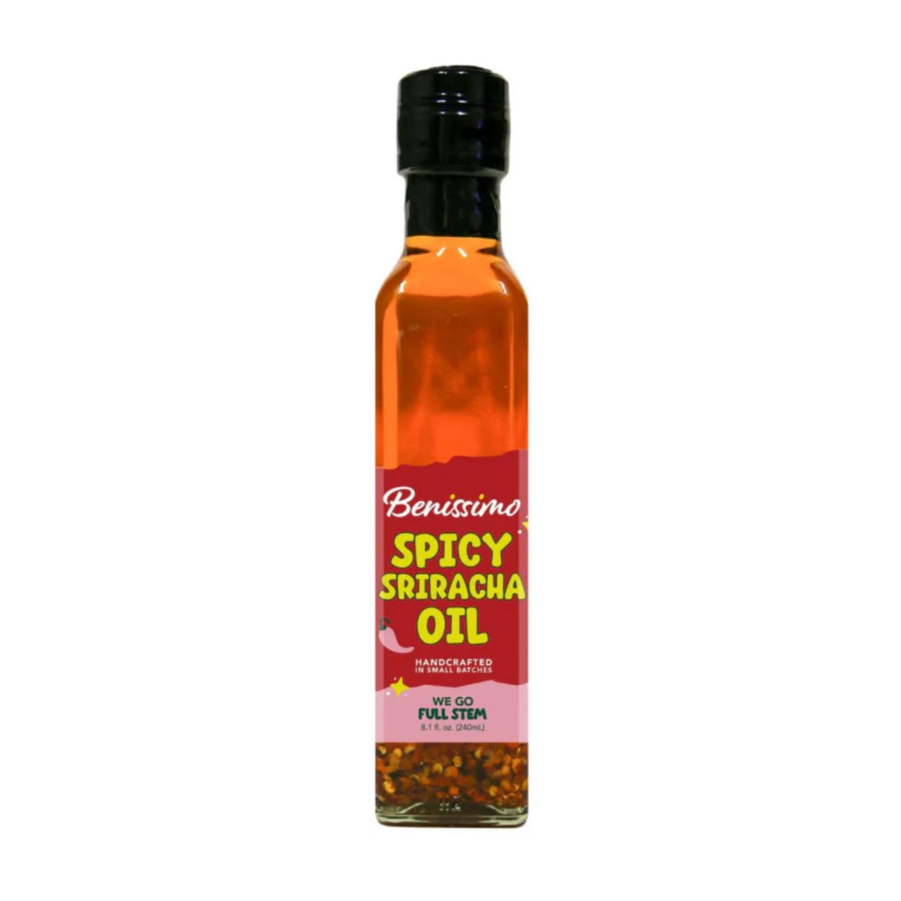 Benissimo Spicy Sriracha Infused Oil bottle with bold heat and garlic aroma.