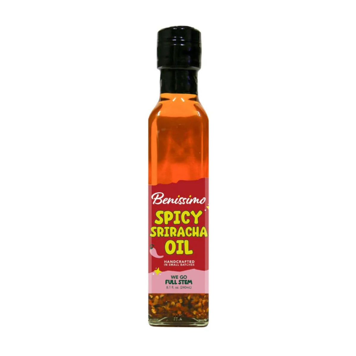 Benissimo Spicy Sriracha Infused Oil bottle with bold heat and garlic aroma.