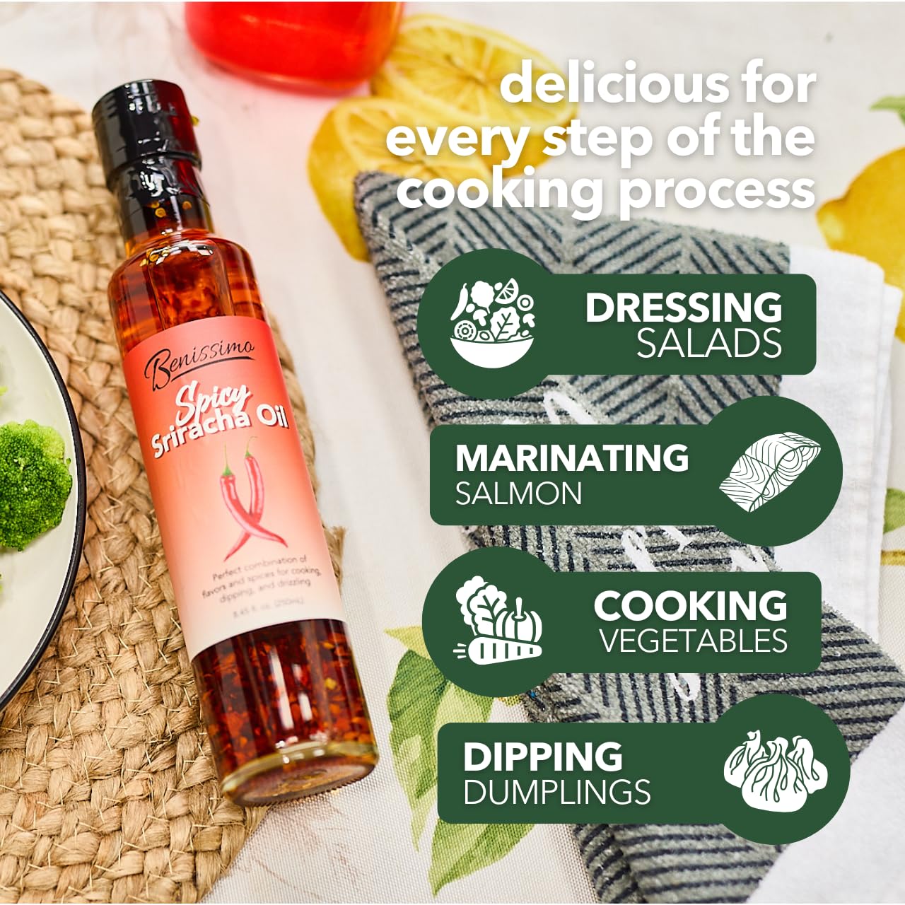 Benissimo Spicy Sriracha Infused Oil drizzle over eggs or pizza for finishing depth.