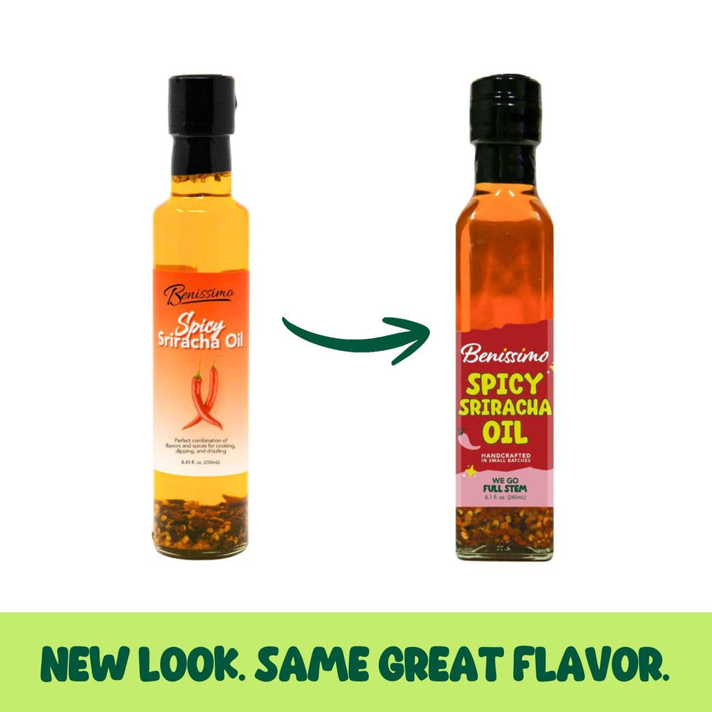 Benissimo Spicy Sriracha Infused Oil flavor profile with garlic and chili heat.