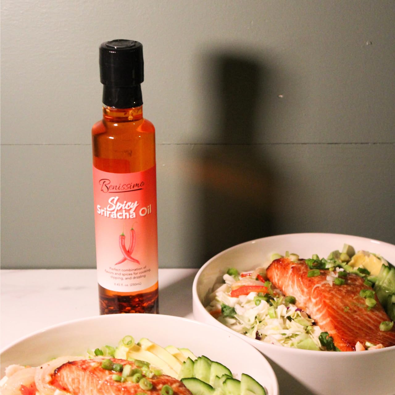 Benissimo Spicy Sriracha Infused Oil Georgia-made bottle for clean-label cooking.