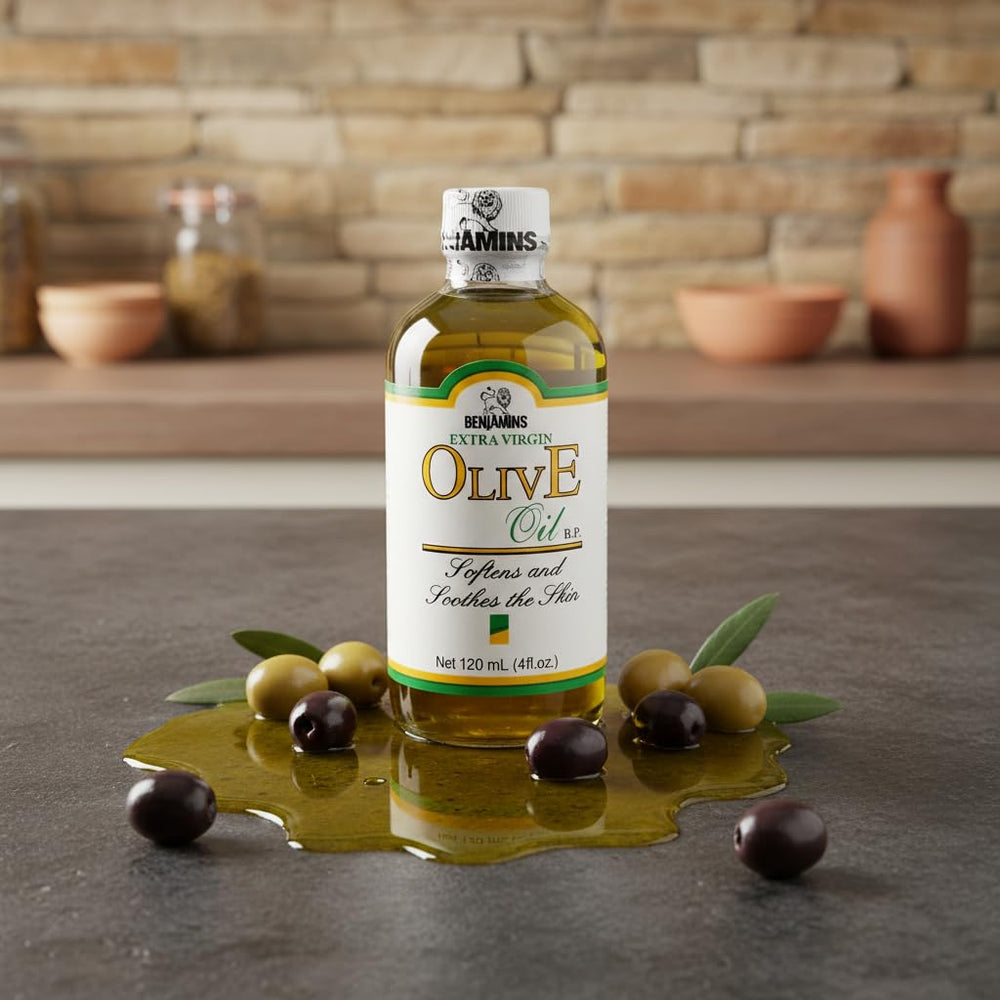 Benjamins olive oil on a countertop ready for cooking.