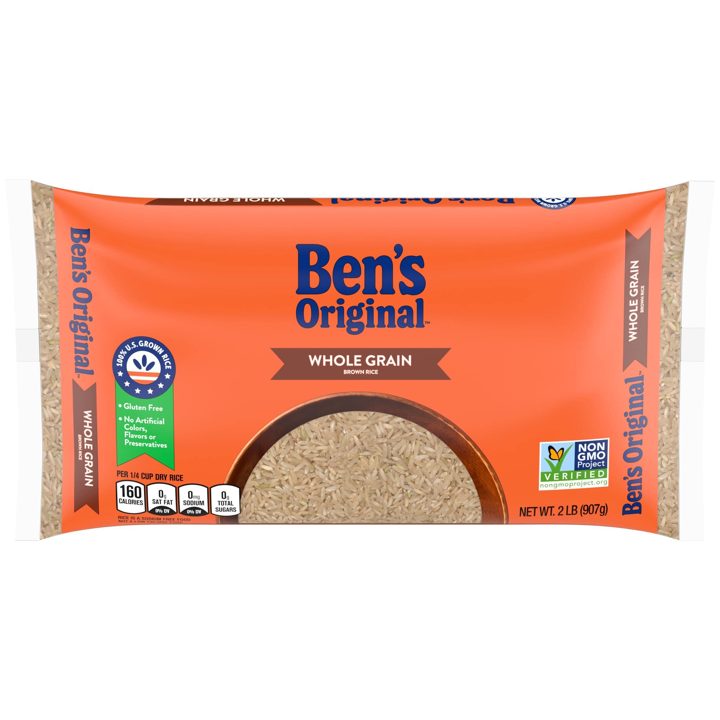 BEN'S ORIGINAL brown rice 2 lb pack, ideal pantry staple.