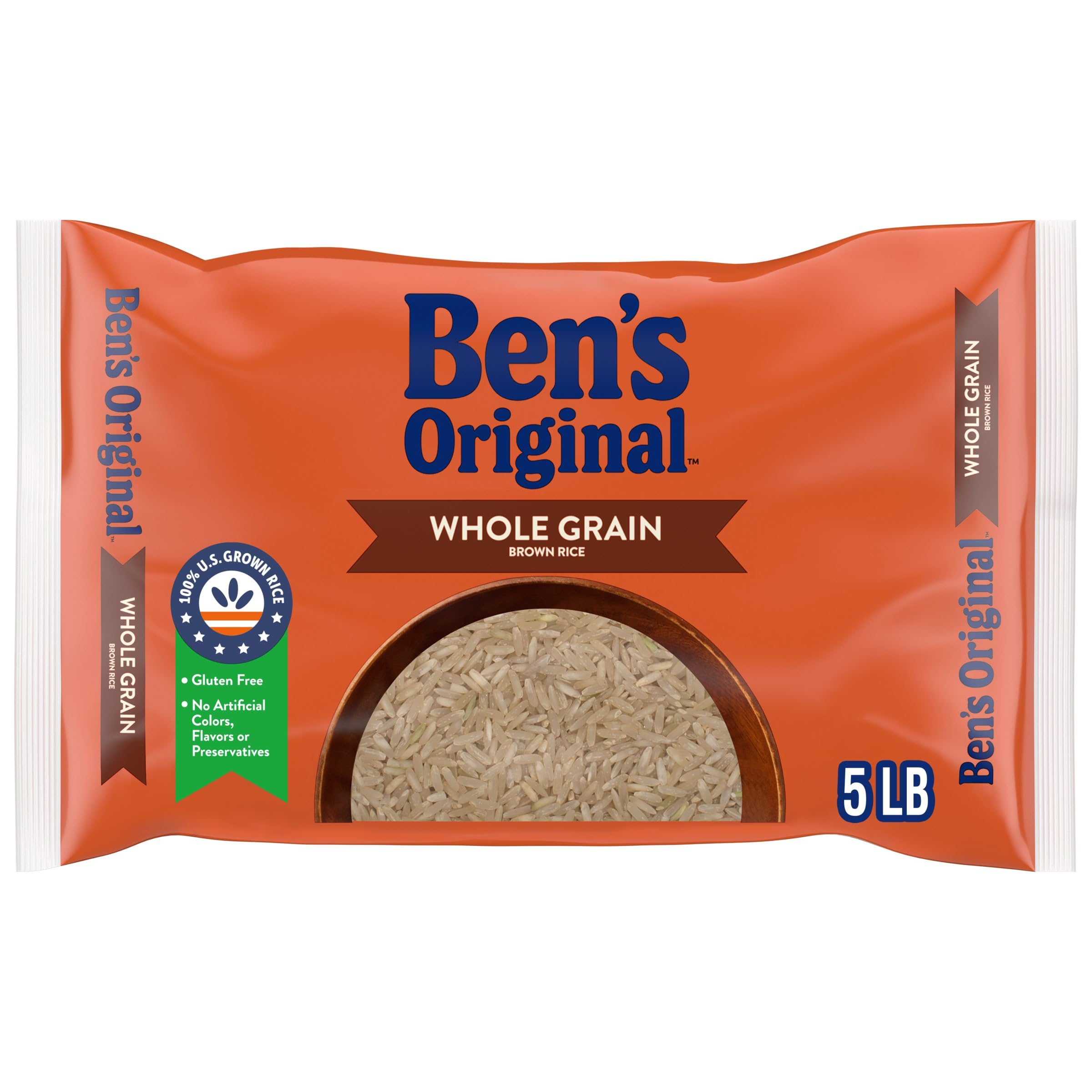 Ben's Original brown rice pack 5 lb on shelf, pantry staple for meals.