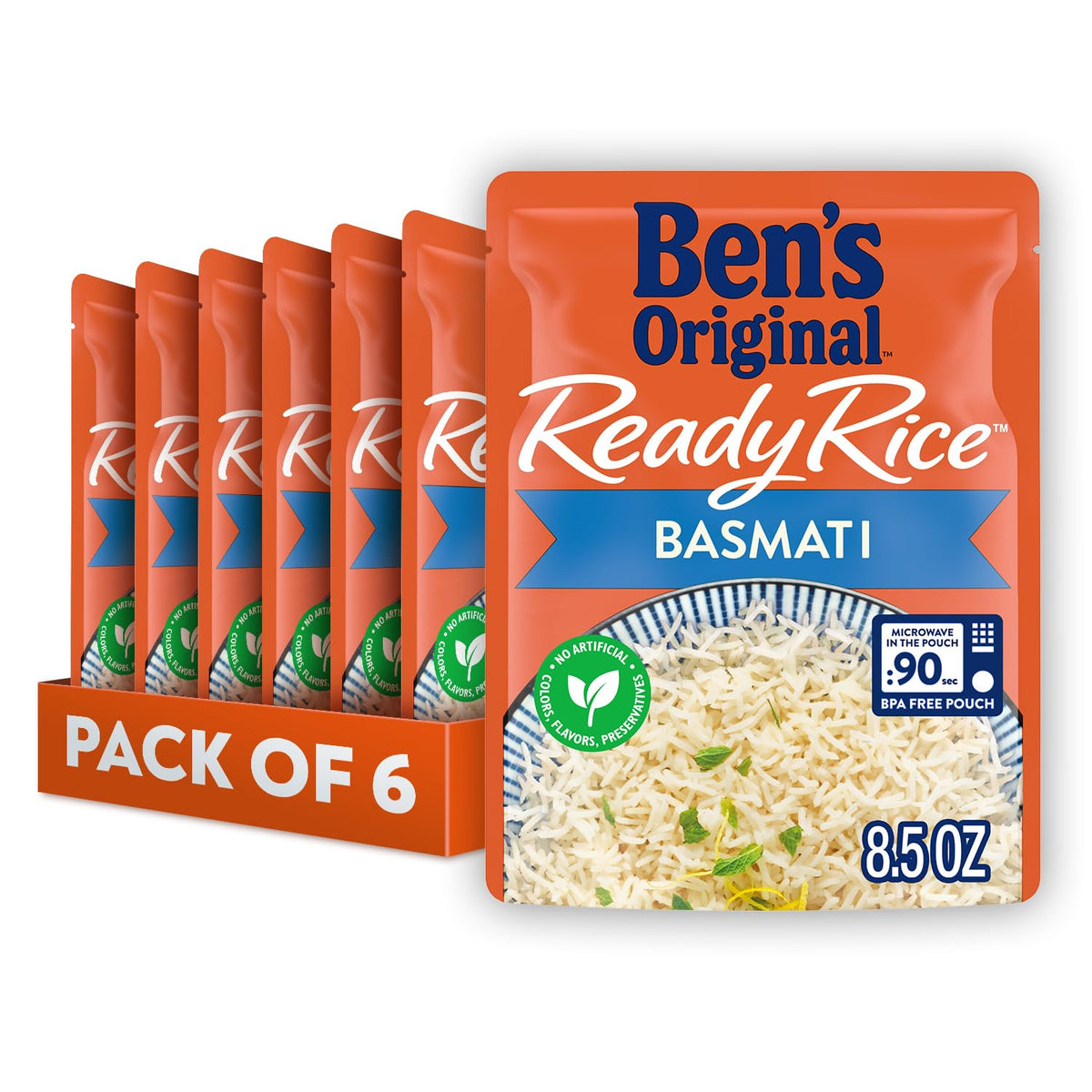 BEN'S ORIGINAL Ready Rice Basmati pack with six convenient pouches for quick meals.