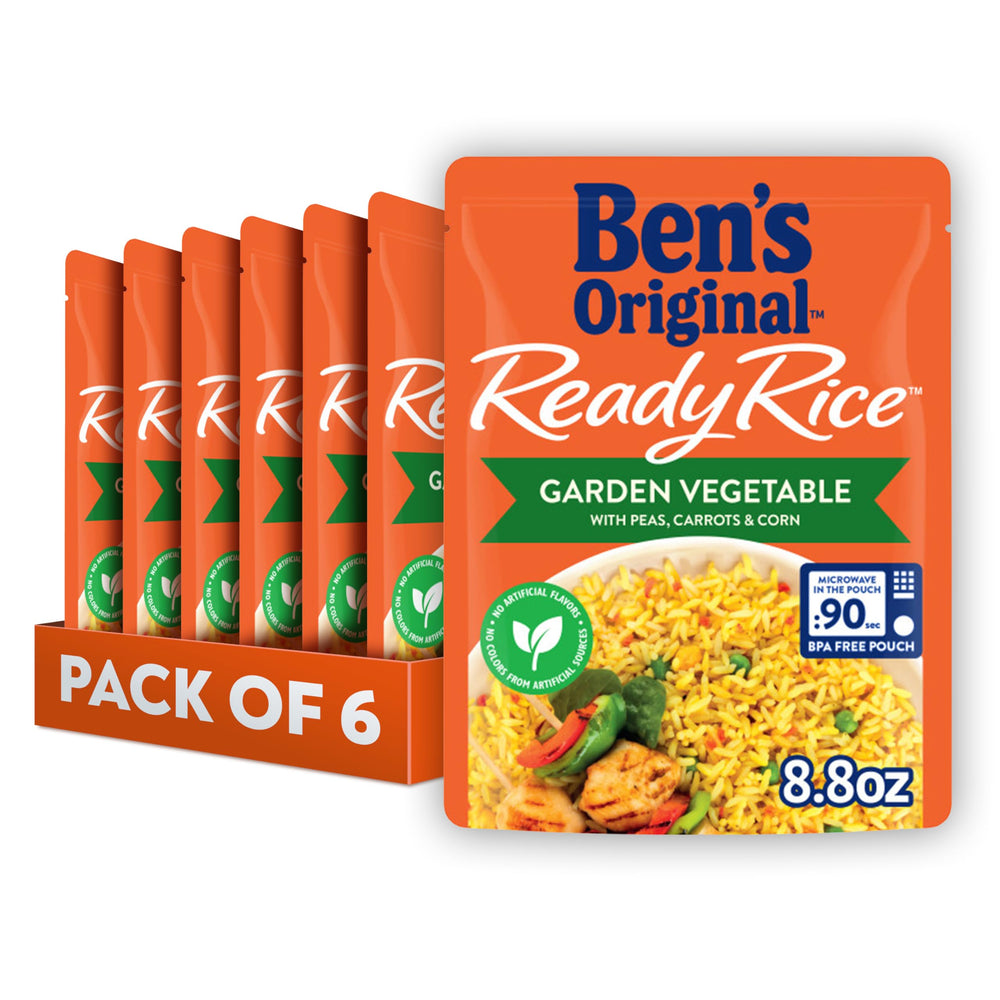BEN'S ORIGINAL Ready Rice Garden Vegetable pouch with peas, carrots, corn for quick dinner side.