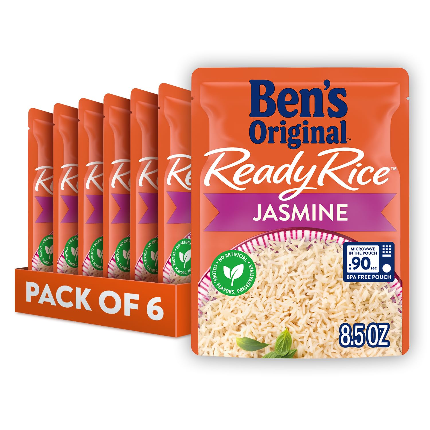 BEN'S ORIGINAL Ready Rice Jasmine Rice pack of six pouches for quick meals.