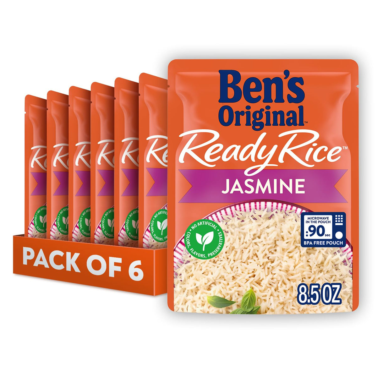 BEN'S ORIGINAL Ready Rice Jasmine Rice pack of six pouches for quick meals.