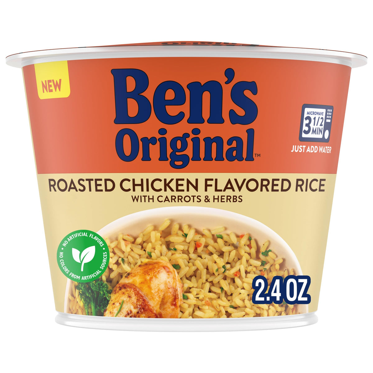 BEN'S ORIGINAL roasted chicken rice cup, convenient ready-to-heat option for busy days.