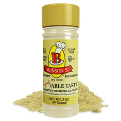 Benson's Table Tasty salt substitute bottle top view adds salt-free flavor to everyday meals.
