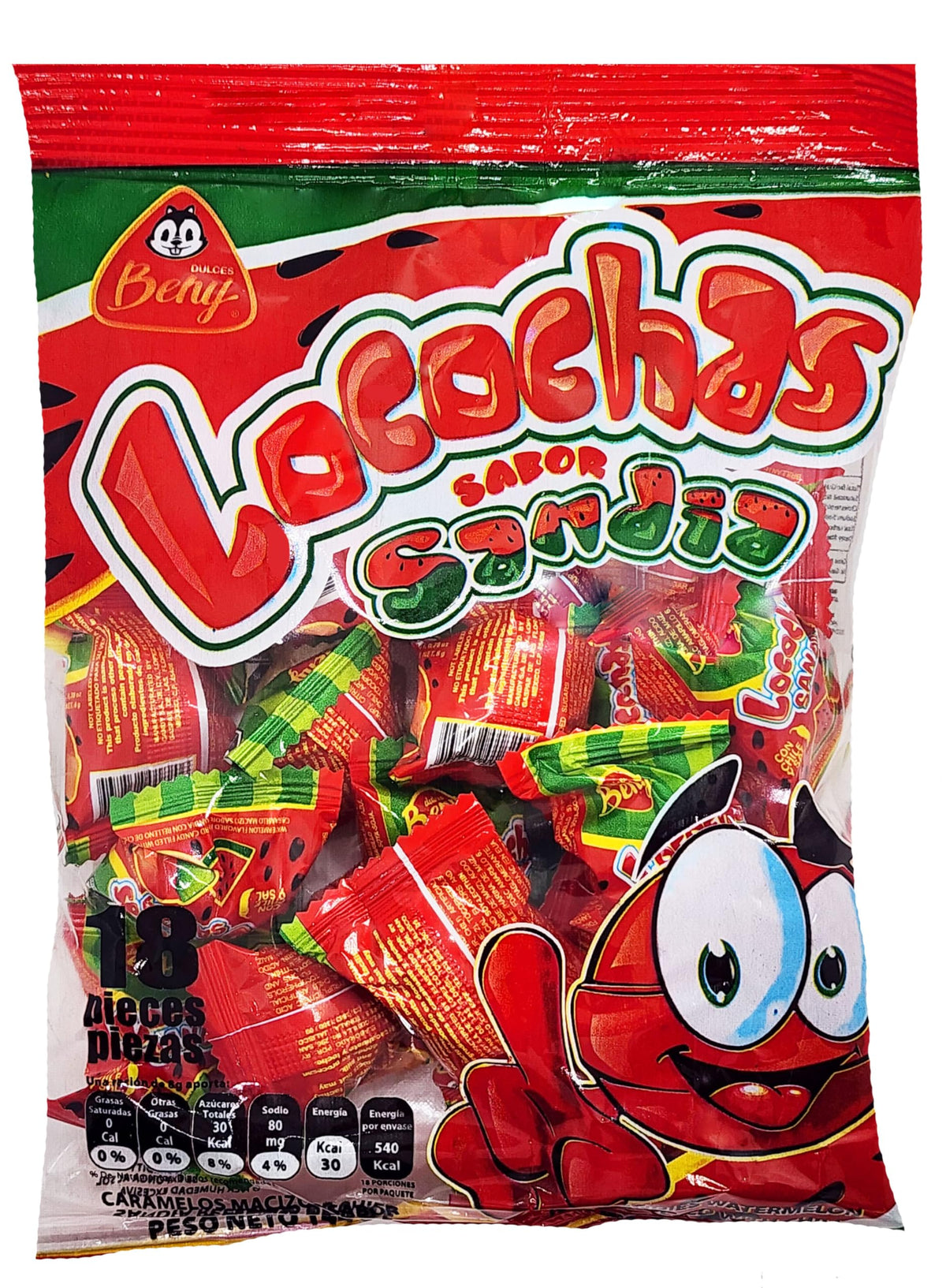 BENY LOCOCHAS watermelon bag packaging for on-the-go snacking.