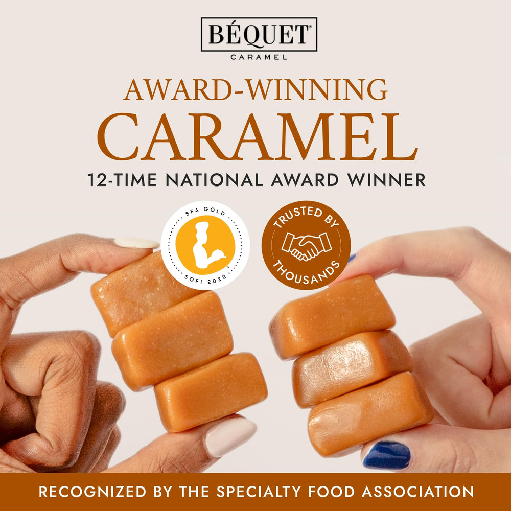 Bequet salted butterscotch caramels on a dessert platter with coffee