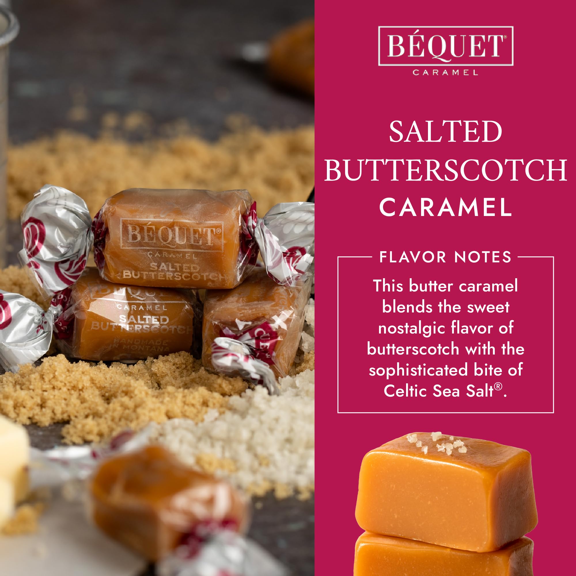 Bequet salted butterscotch caramels held in hand as a bite-size treat