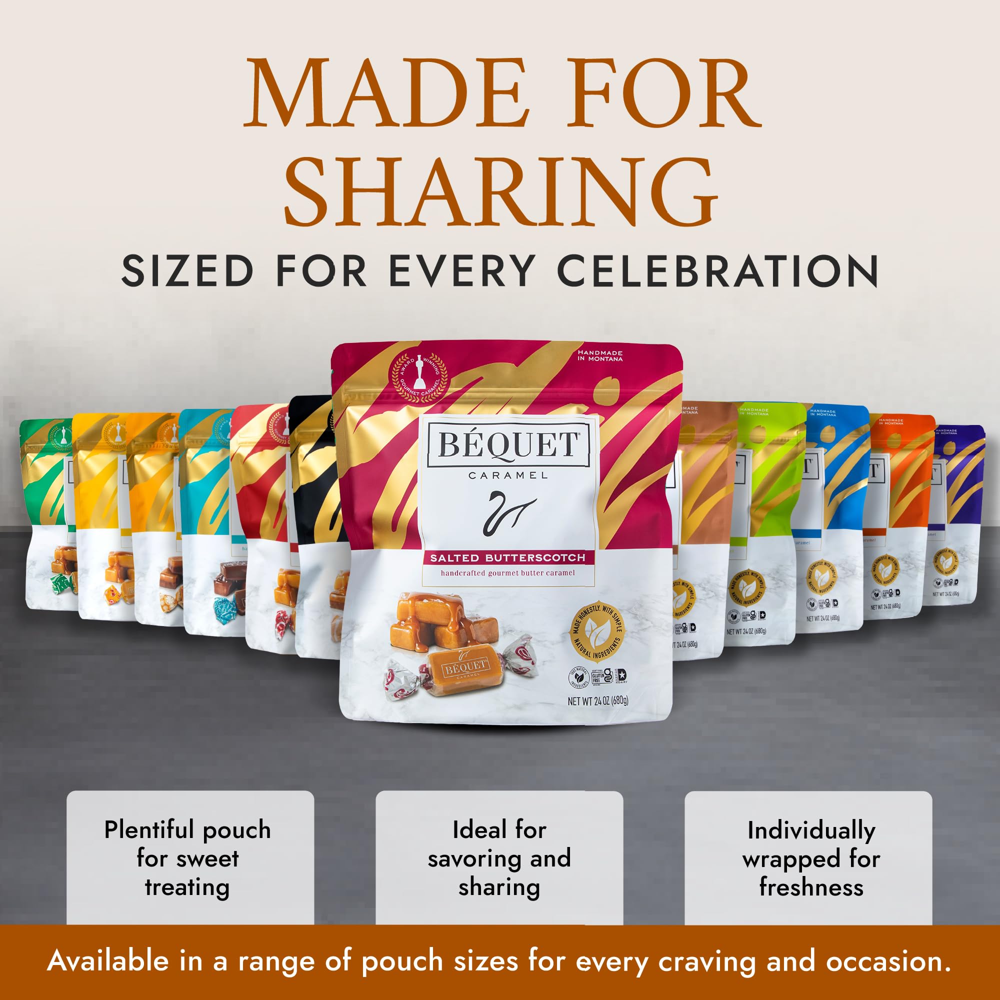 Bequet salted butterscotch caramels ingredients label highlights gluten-free and kosher