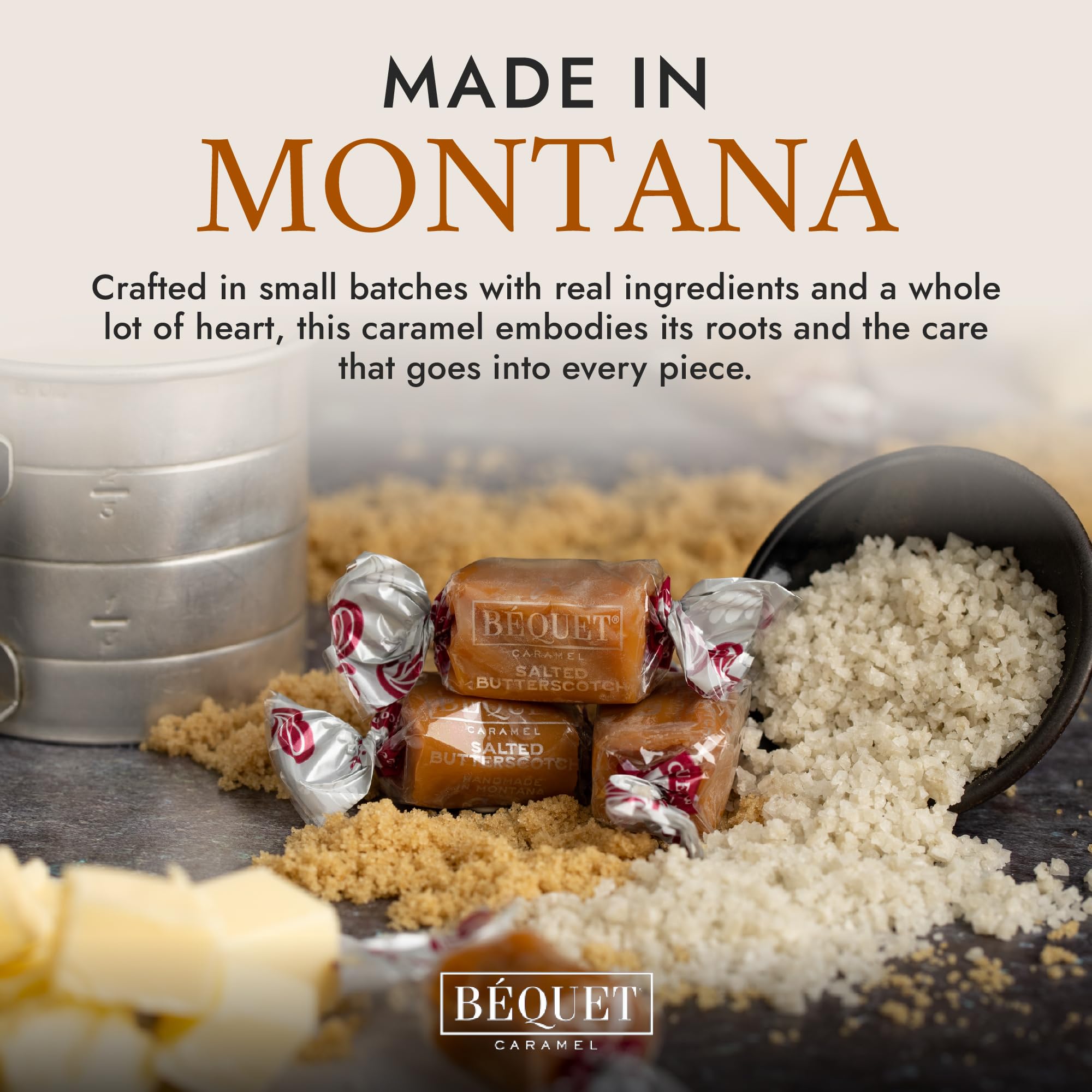 Bequet salted butterscotch caramels on kitchen counter signaling freshness