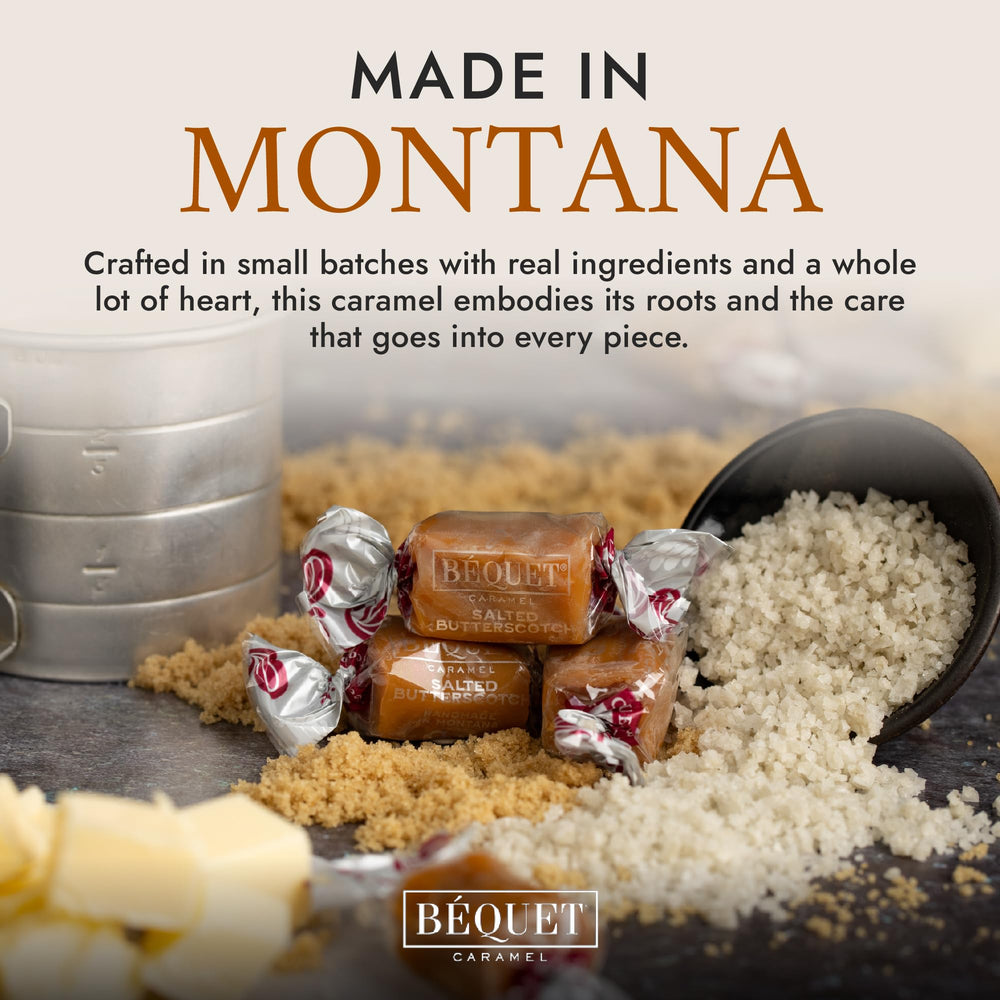 Bequet salted butterscotch caramels on kitchen counter signaling freshness