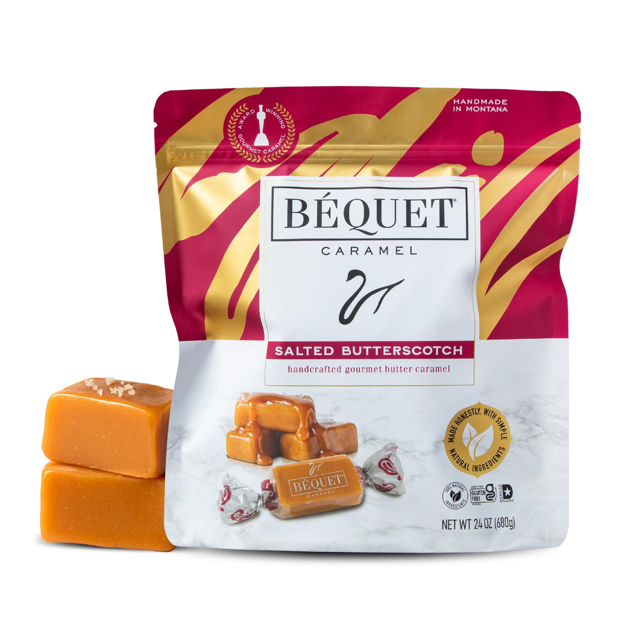 Bequet salted butterscotch caramels pack shot showing premium flavor for gifting