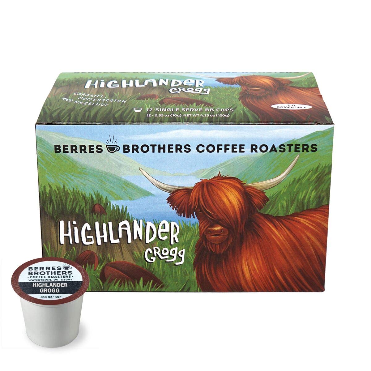Berres Brothers Highlander Grogg K-Cup box image shows convenient, flavored coffee.