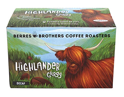 Berres Brothers Highlander Grogg pods boxed for quick mornings and decaf flavor.