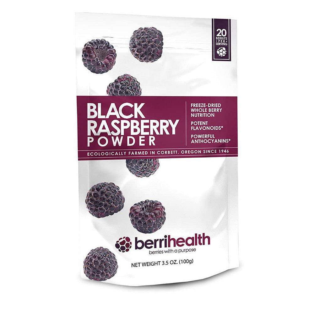 BerriHealth Oregon black raspberry powder bag ready for smoothies, yogurt, and baking.