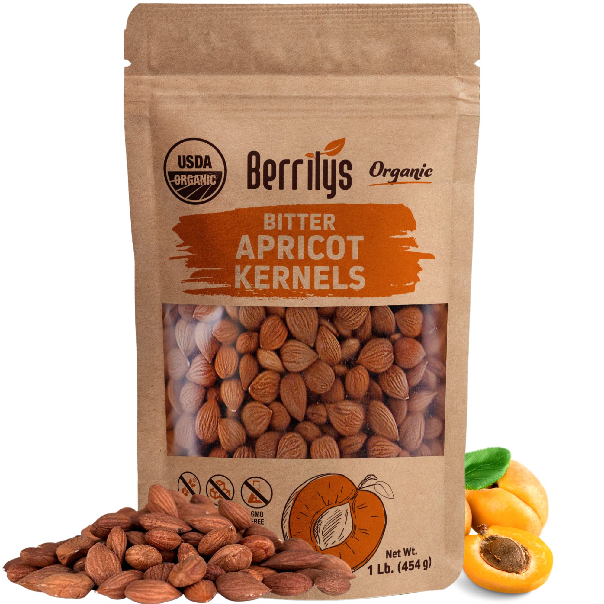 Berrilys bitter apricot kernels packaging for pantry storage.