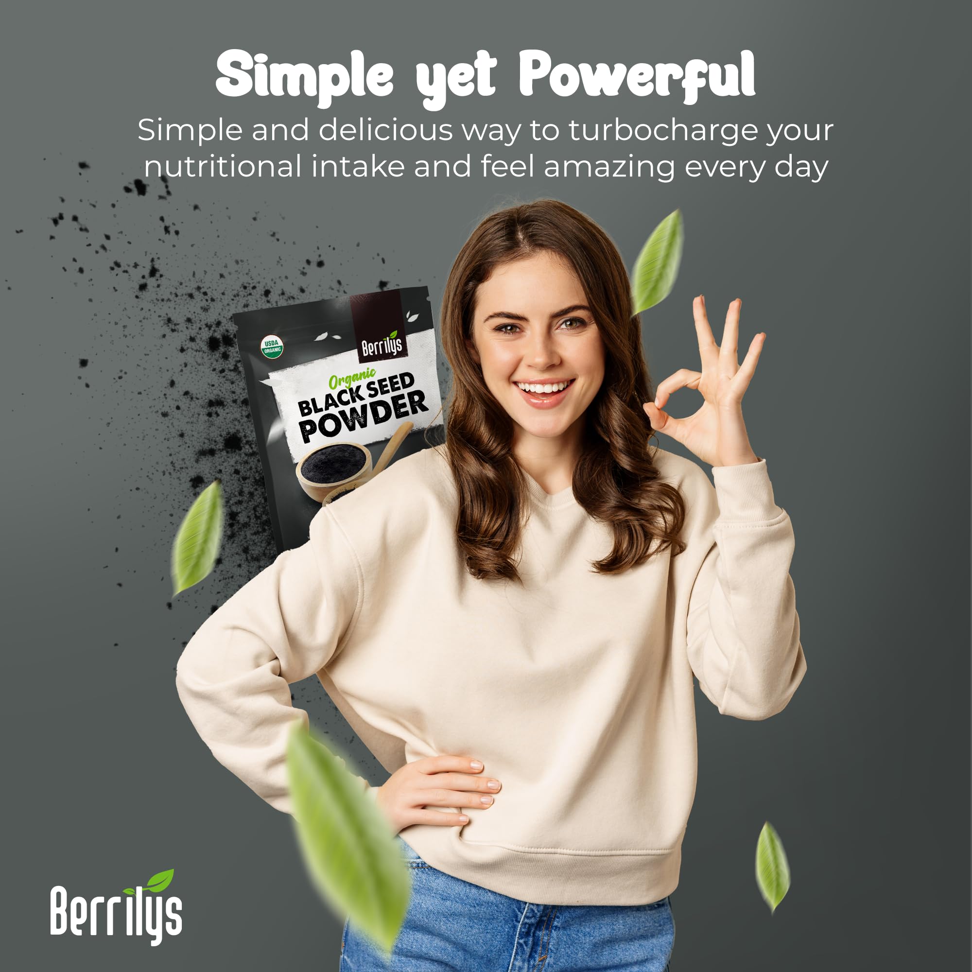 Berrilys Black Seed Powder packaging close-up highlighting non-GMO claim.