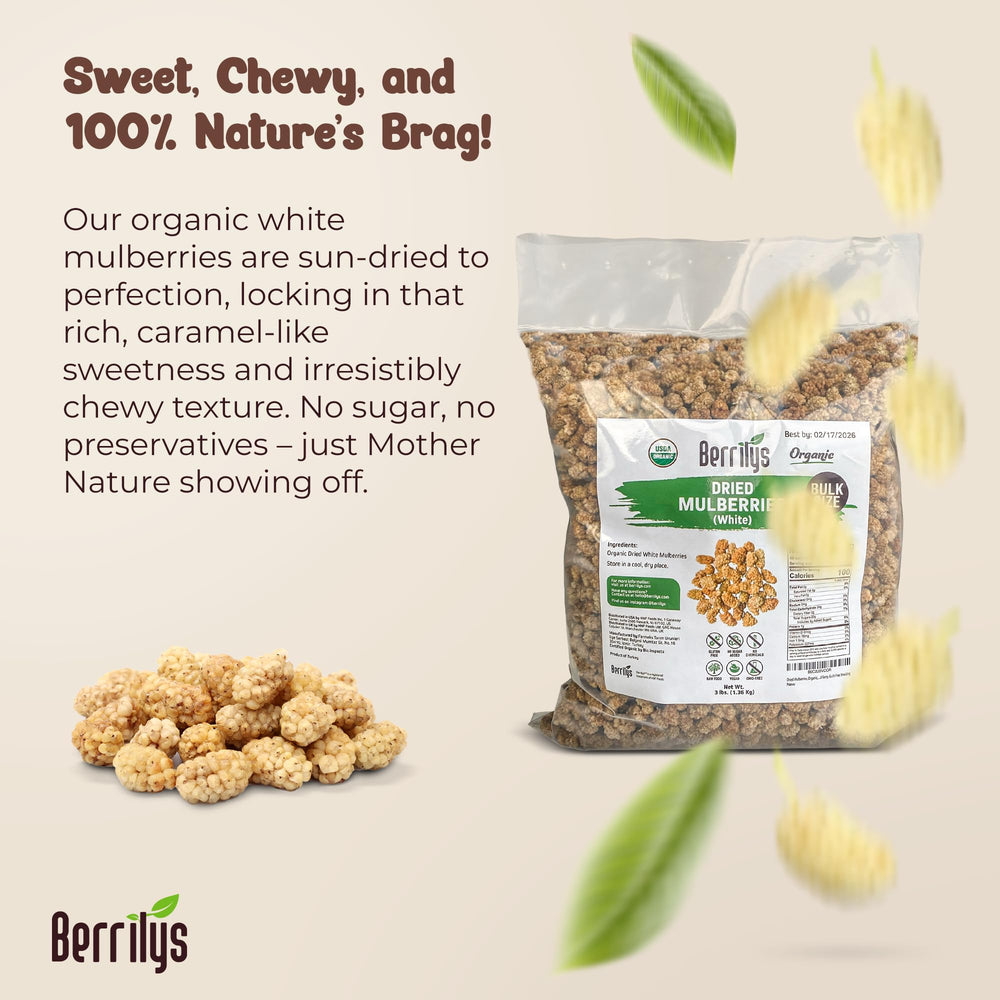 Berrilys sun-dried mulberries close-up with chewy texture.
