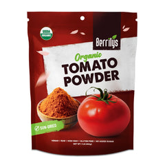 Berrilys dried tomato powder in a jar, highlighting organic certification for cooking.