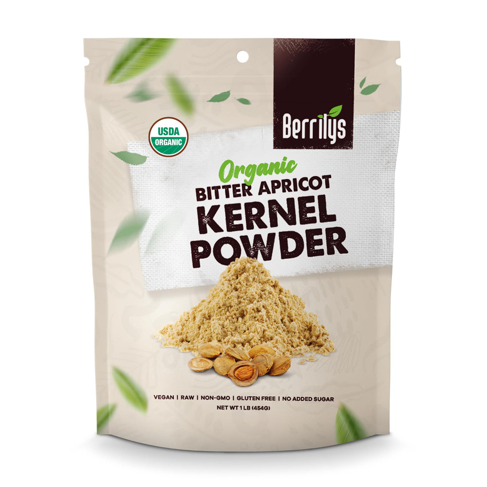 Berrilys organic bitter apricot kernel powder package, a daily energy option.