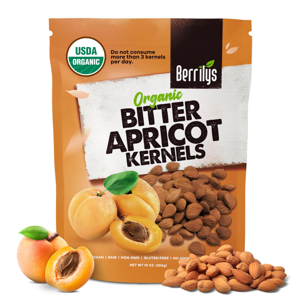 Berrilys organic bitter apricot kernels packaging highlights premium quality for healthy snacking.