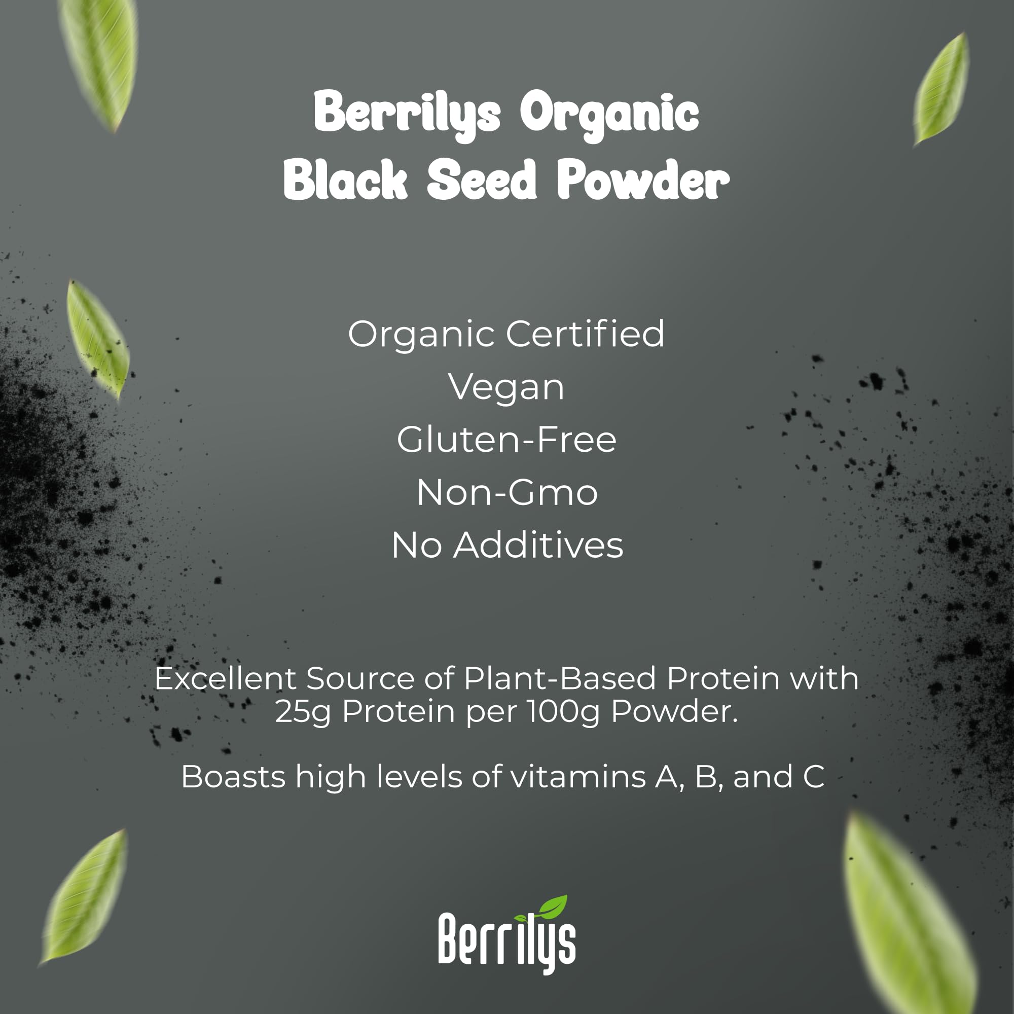 Berrilys Organic Black Seed Powder label emphasizes vegan and allergen-free qualities.