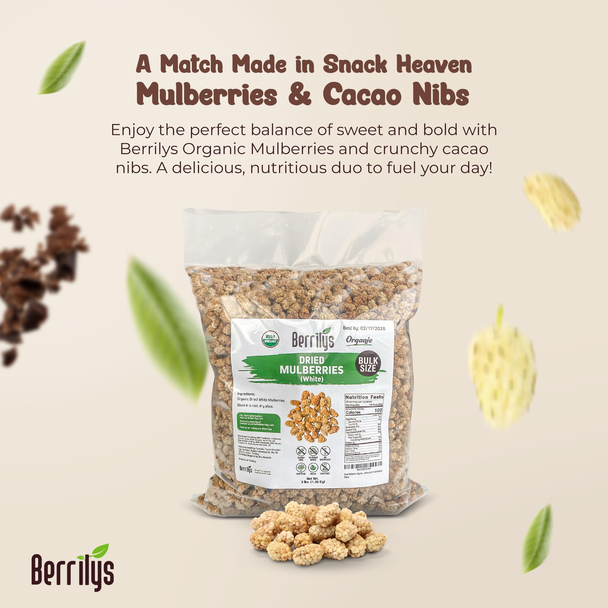 Berrilys organic certification seal beside mulberries.