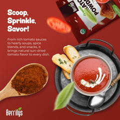 Berrilys organic tomato powder ready for pizza sauce blends.