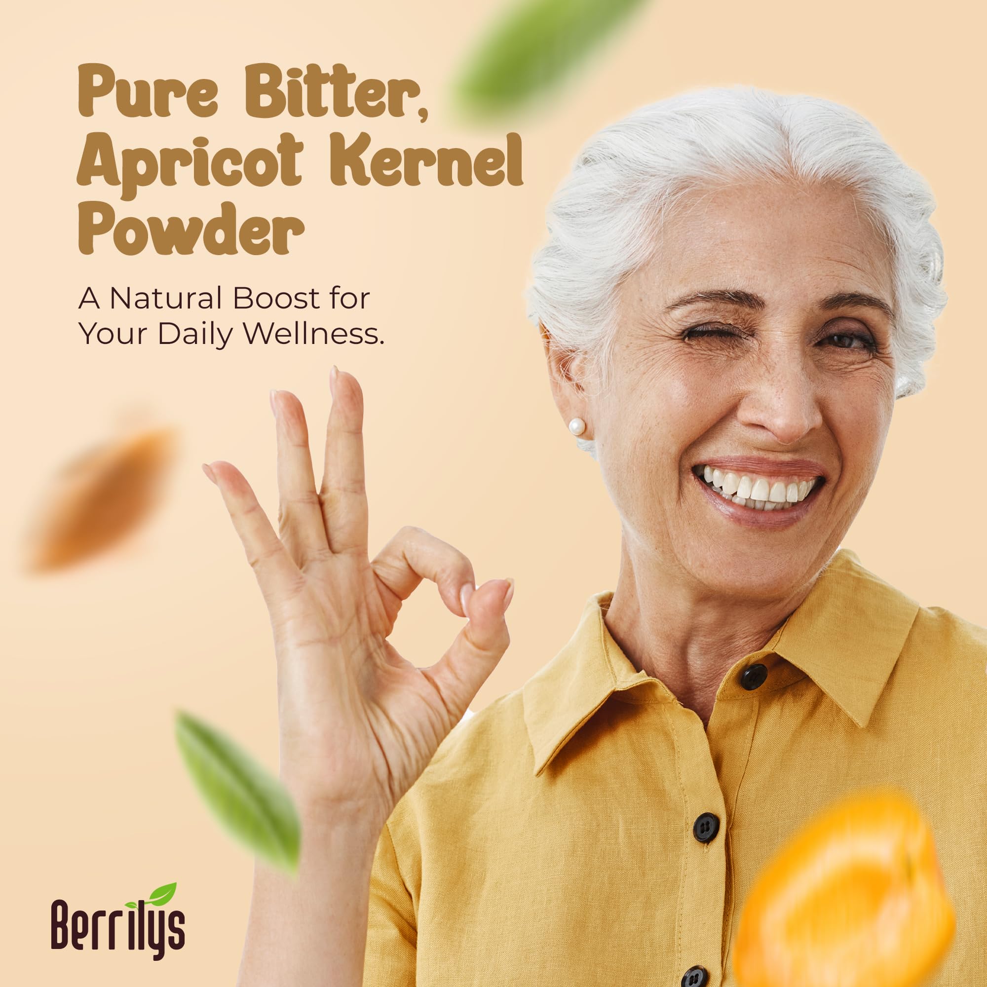 Berrilys raw apricot kernel powder jar close up showing fine texture.