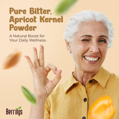 Berrilys raw apricot kernel powder jar close up showing fine texture.