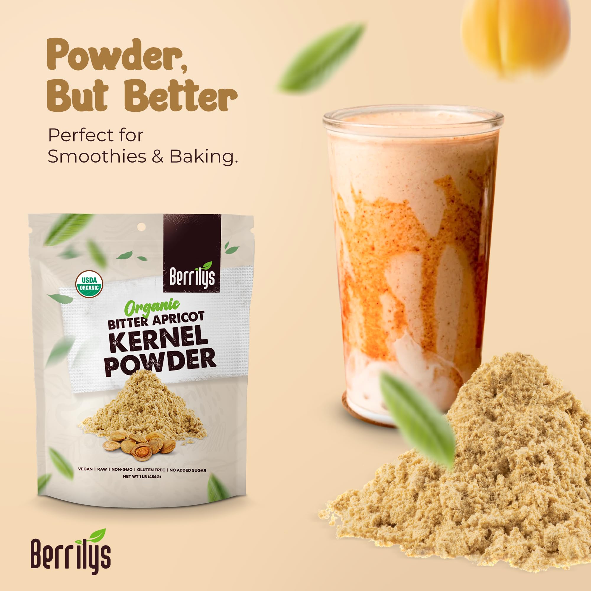 Berrilys vegan apricot kernel powder, pure plant based ingredient for recipes.