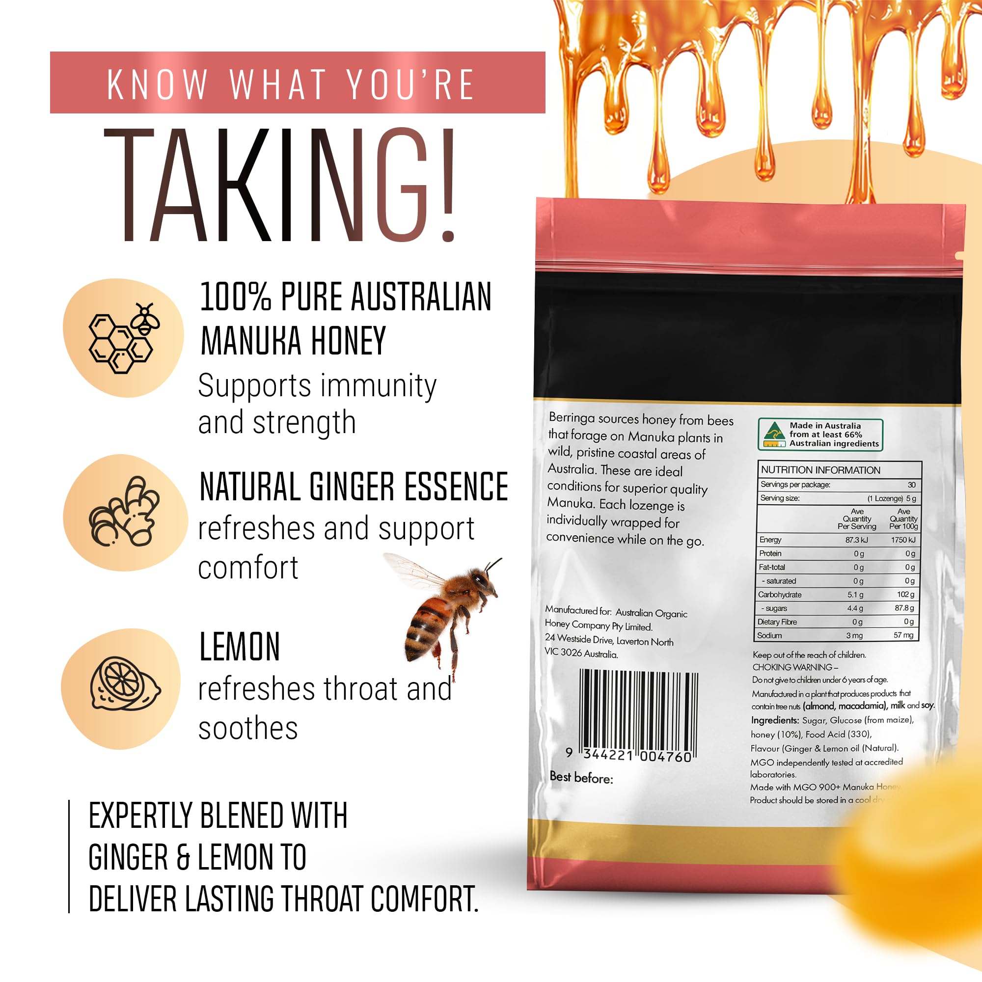 Berringa Manuka Lozenges Ginger Lemon bottle ready for on-the-go use.