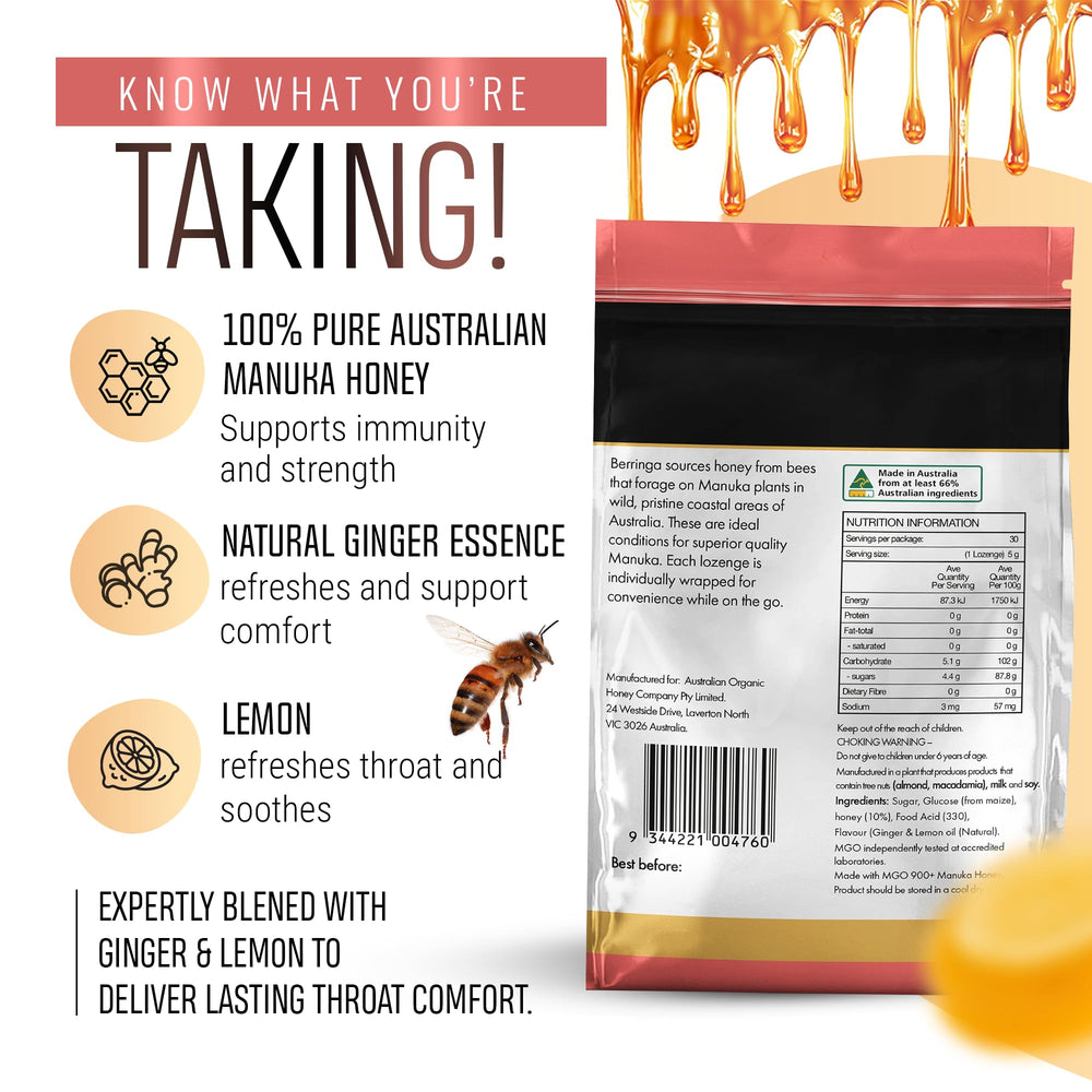 Berringa Manuka Lozenges Ginger Lemon bottle ready for on-the-go use.