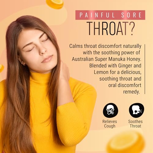 Berringa Manuka Lozenges Ginger Lemon lozenges closeup reveals rich ginger-lemon flavor for throat comfort.