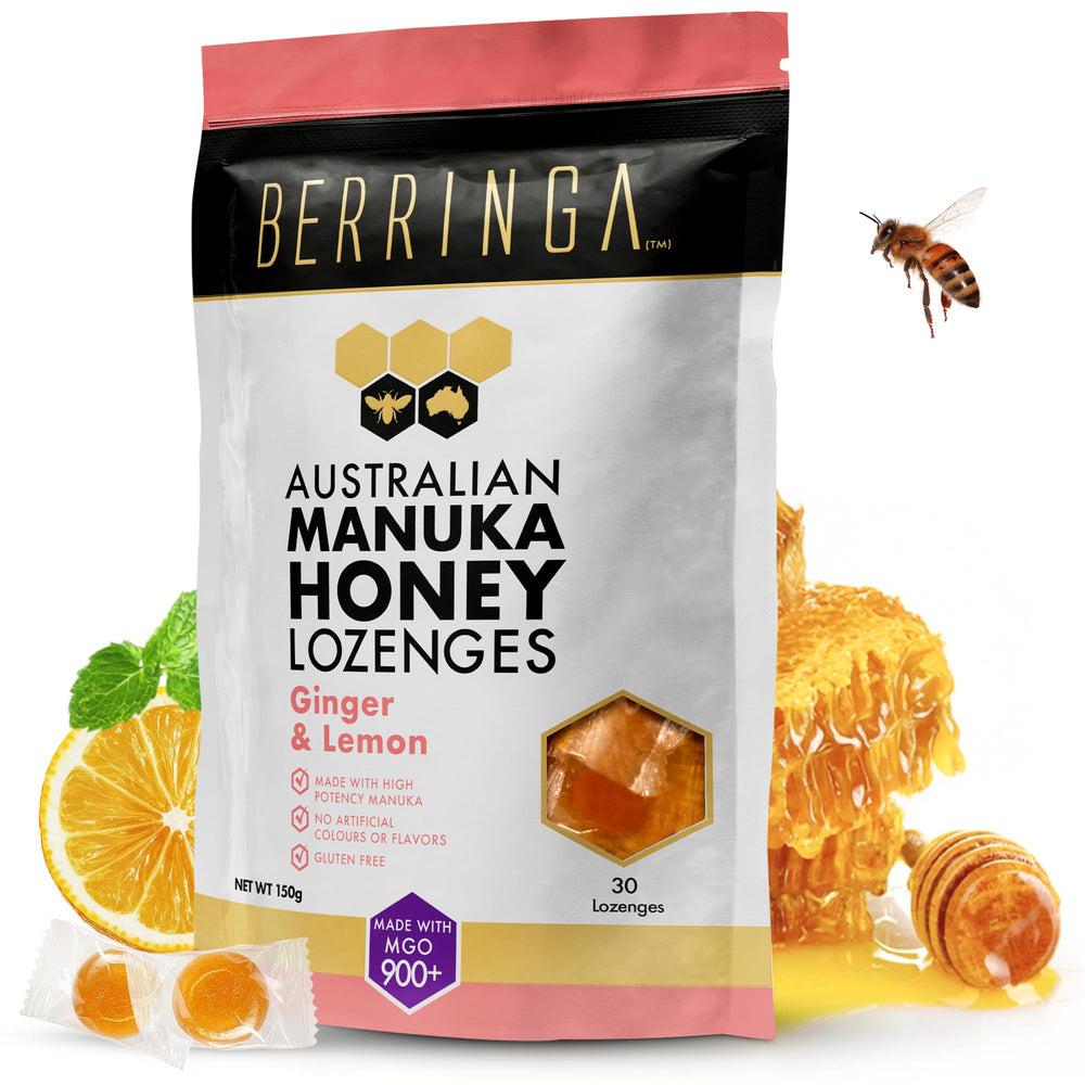 Berringa Manuka Lozenges Ginger Lemon packaging highlights pure Australian honey for throat comfort.