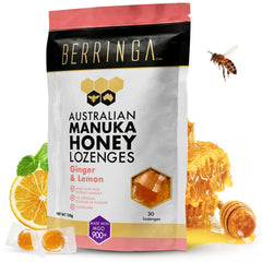 Berringa Manuka Lozenges Ginger Lemon packaging highlights pure Australian honey for throat comfort.