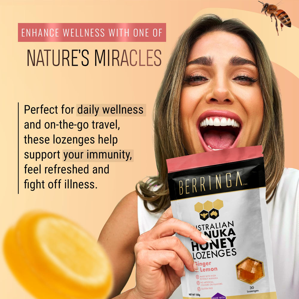 Berringa Manuka Lozenges Ginger Lemon stacks on shelf invite quick soothing moments.