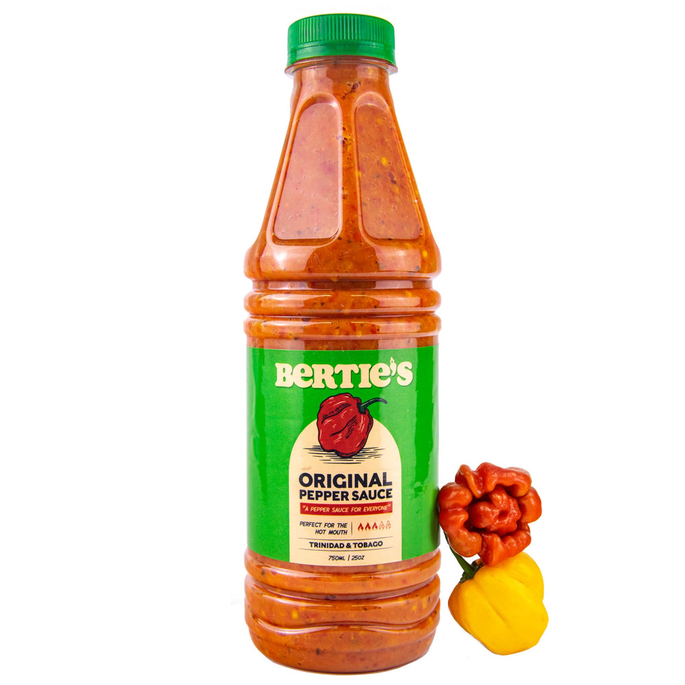 Bertie's Original Pepper Sauce bottle front shows bold flavor and Caribbean heat.