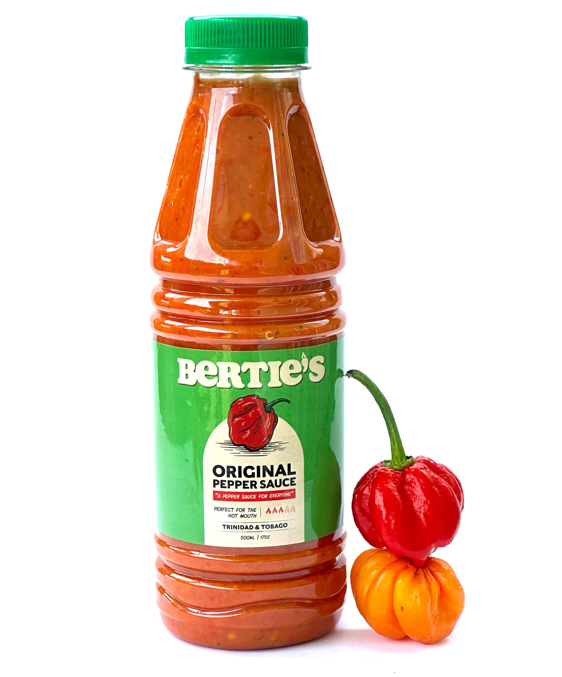 Bertie's Original Pepper Sauce bottle front showing bold heat and fruity flavor.