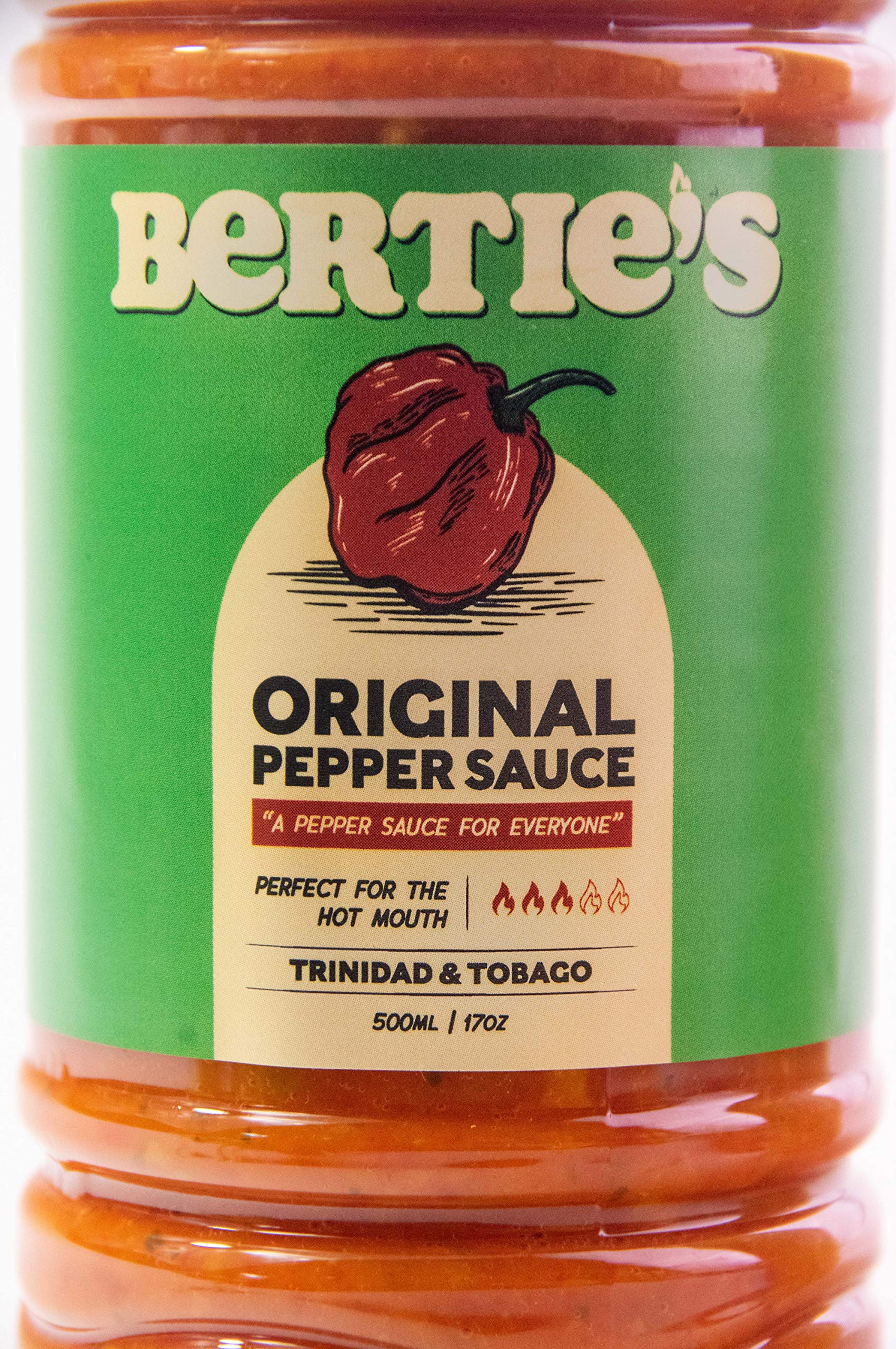 Bertie's Original Pepper Sauce glass jar highlights premium quality and freshness.